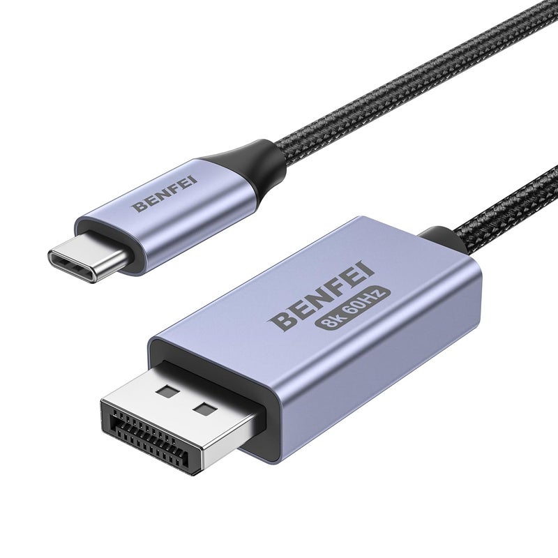 Benfei كابل USB C ثنائي الاتجاه إلى DisplayPort 1.4 بطول 6 أقدام، يدعم 8K@60Hz و4K@240Hz (كابل Thunderbolt 4 إلى DisplayPort) رمادي - غير مناسب لشاشات USB-C المحمولة - Image 1